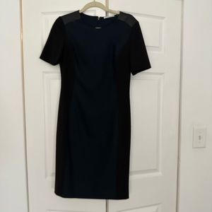T Tahari Navy and Black w. Faux leather trim dress